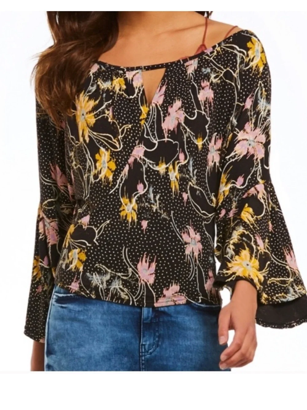 Free People Black Floral Keyhole Bell Sleeve Top with Pink & Yellow Accents